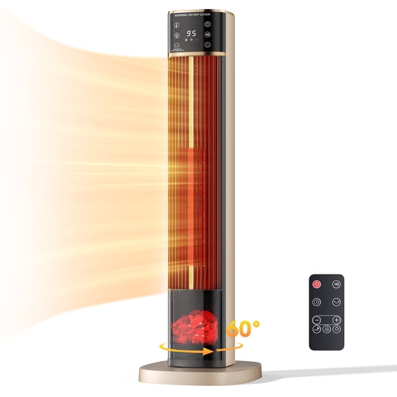 SHOUFTW 32" Electric Ceramic Space Heater for Indoor Use, 1500W Tower Heater for Home Office, 60° Oscillation with Remote, Adjustable Thermostat, 15H Timer, Gold