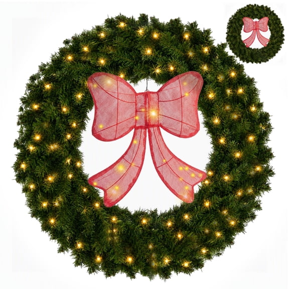 SHOUFTW 36in Green Christmas Wreath,130 Constant-On Warm White LED, Large Artificial Pre-Lit Fir with Lighted Red Bow, Holiday Accent Decoration for Indoor Outdoor Christmas Decor