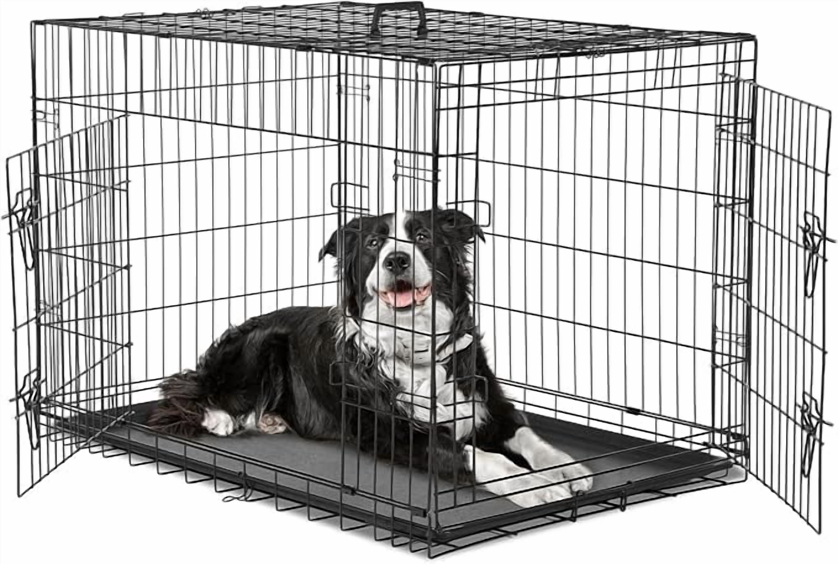 SHOUFTW 36inch Large Dog Crate with Rounded Corners, Double Door Metal Wire Pet Kennel for Indoor Outdoor Travel, Leak-Proof Pan Tray, Black