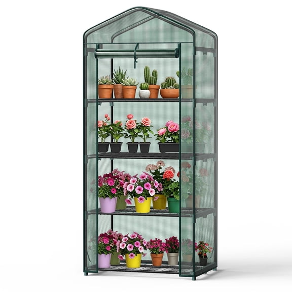 SHOUFTW 4-Tier Mini & Portable Greenhouse, Rust-Resistant Steel Frame, Clear PVC Cover for Indoor or Outdoor Gardening, Green