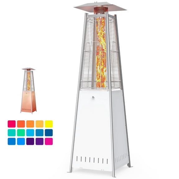 SHOUFTW 42000 BTU Outdoor Patio Heater with 15-Color LED Flame Effect, Portable Propane Pyramid Heater with Enhanced Safety for Garden & Deck