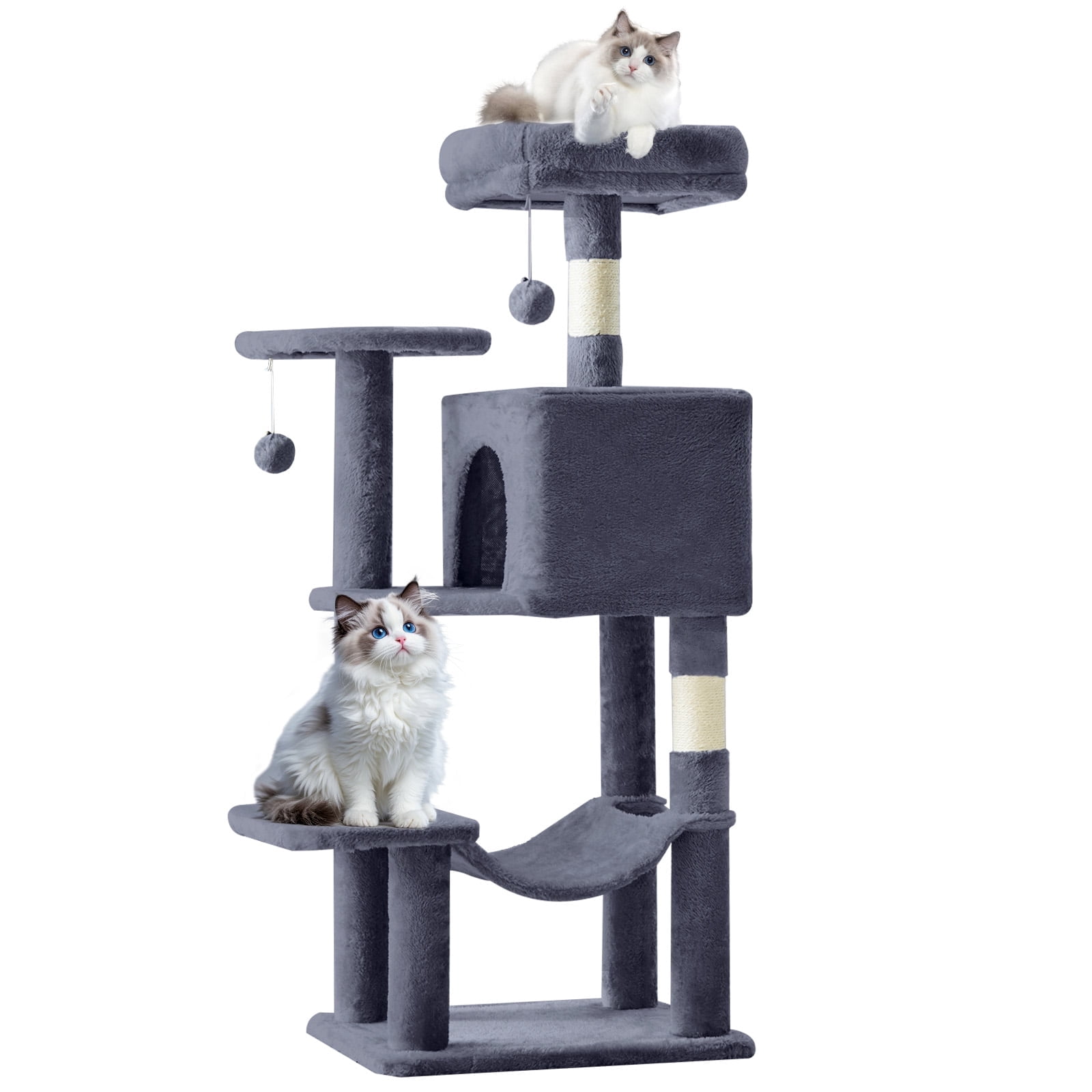 SHOUFTW 44in Cat Tree, Space-Saving Indoor Cat Tower with Large Top Perch and Hammock for Multi-Cat Households, Gray