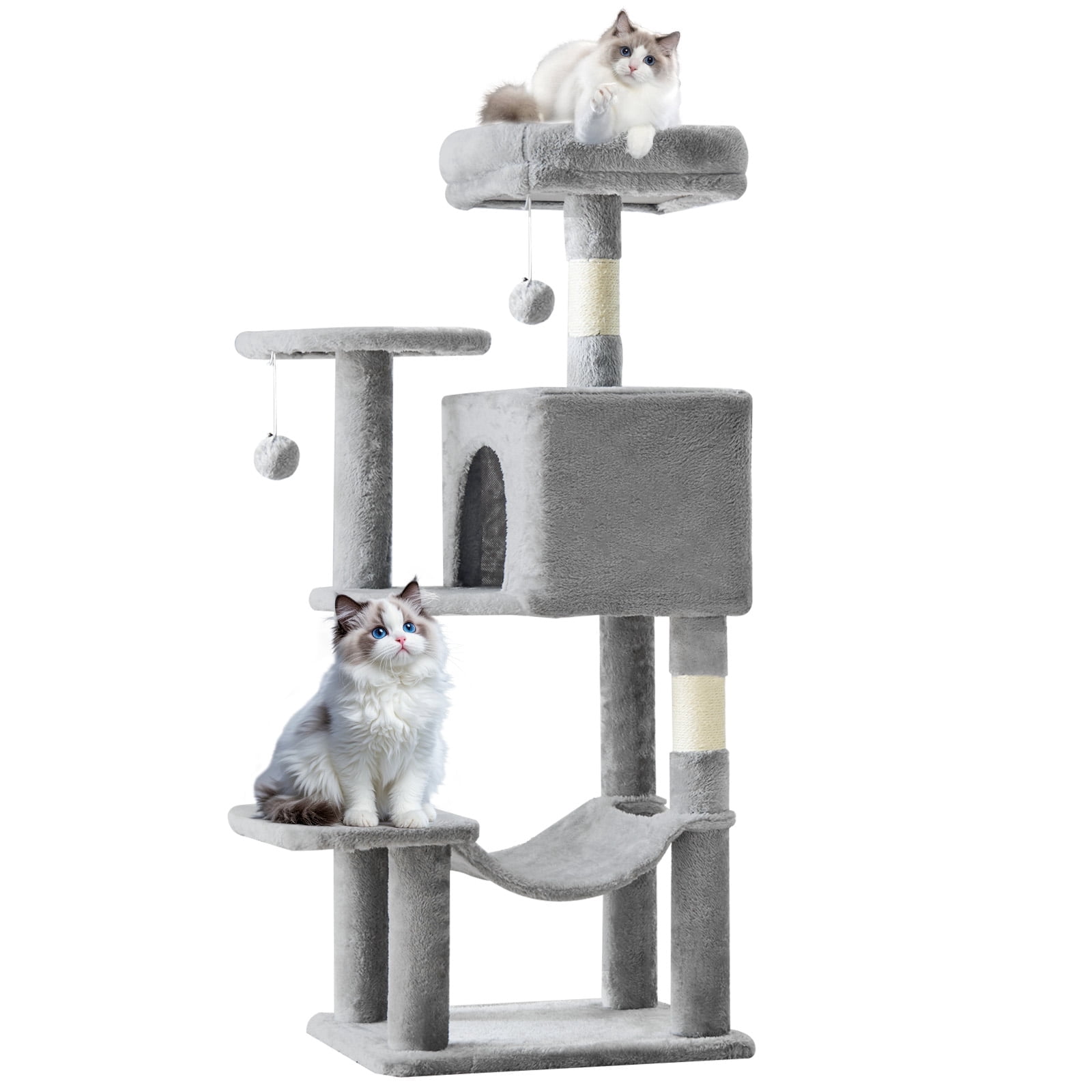 SHOUFTW 44in Cat Tree, Space-Saving Indoor Cat Tower with Large Top Perch and Hammock for Multi-Cat Households, Light Gray