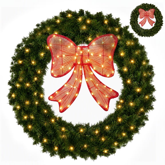 SHOUFTW 48in Green Christmas Wreath,130 Constant-On Warm White LED, Large Artificial Pre-Lit Fir with Lighted Red Bow, Holiday Accent Decoration for Indoor Outdoor Christmas Decor