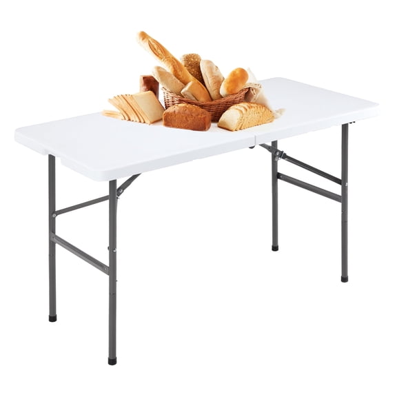 SHOUFTW 4FT Plastic Folding Table, Indoor Heavy Duty Portable with Handle and Lock - White