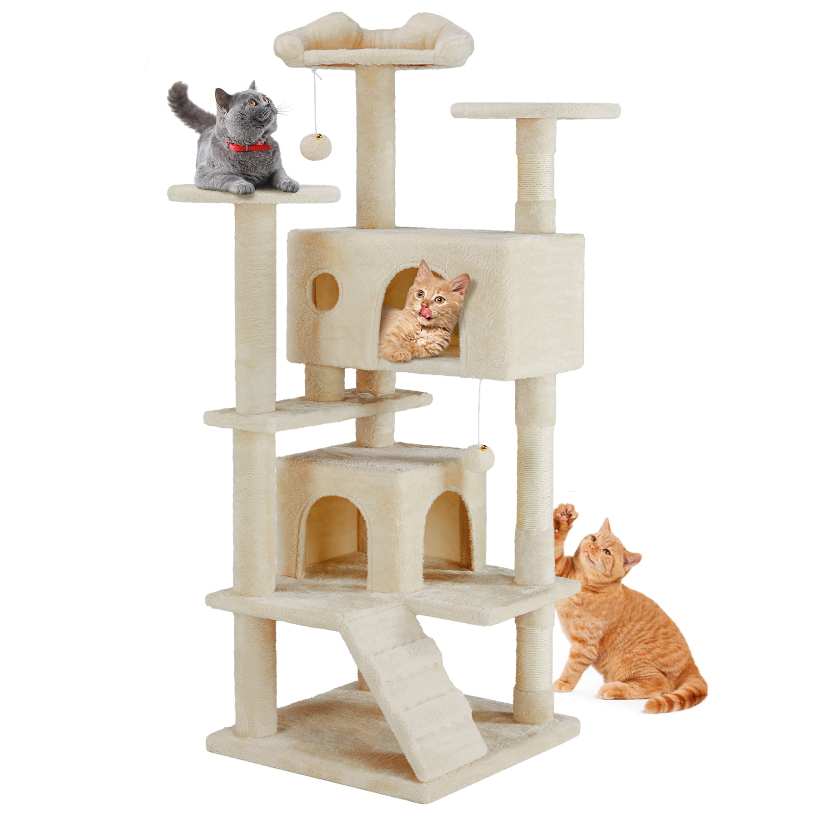 SHOUFTW 54 Indoor Cat Tree Tower, Multi-Layer Design, Sisal Scratching Posts, Spacious Apartment, Climbing Ramp, Kitten Toys, Beige