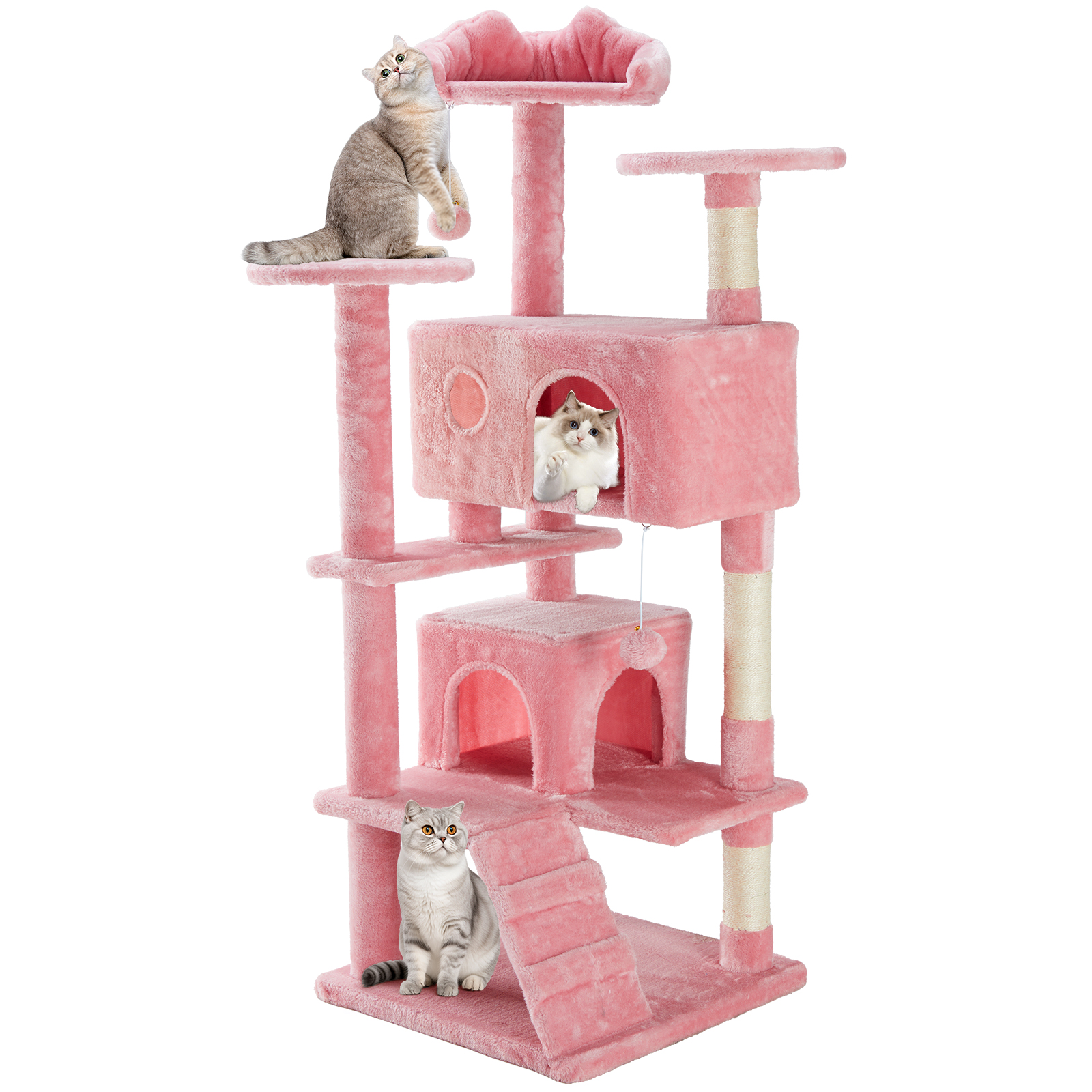 SHOUFTW 54 Indoor Cat Tree Tower, Multi-Layer Design, Sisal Scratching Posts, Spacious Apartment, Climbing Ramp, Kitten Toys, Pink
