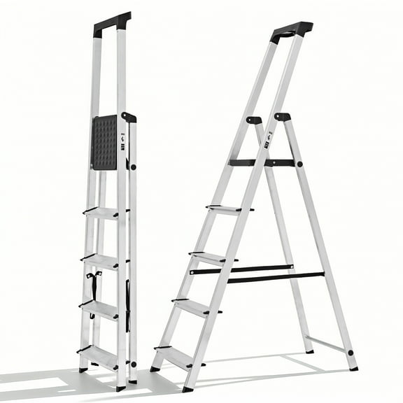 SHOUFTW 62 Inch 5-Step Herringbone Aluminium Ladder with Non-Slip Treads and Comfortable Handrails, Sturdy Steel Ladder, Portable Heavy Duty Stepstool for Garage and Outdoor Use, Silver