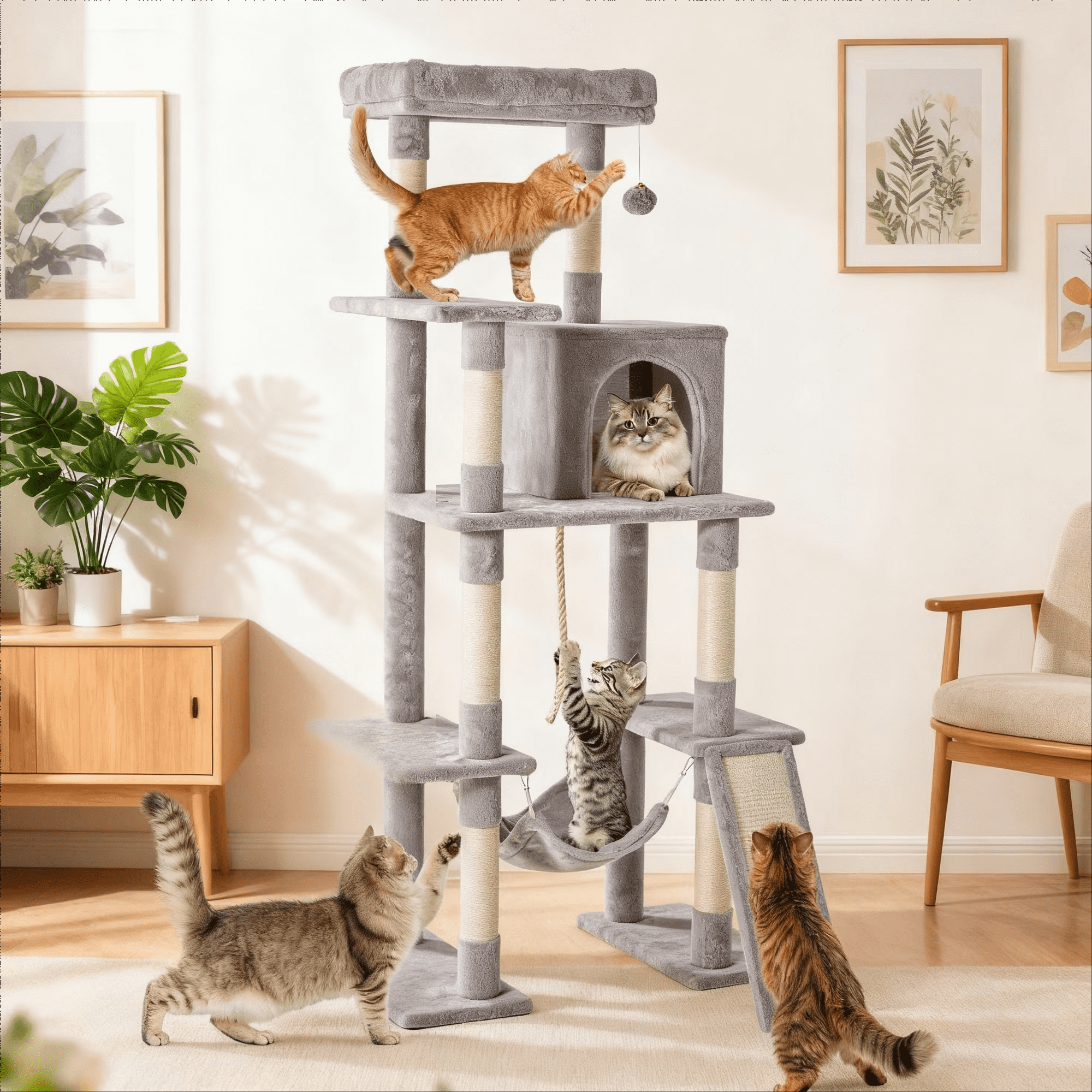 SHOUFTW 62 Indoor Cat Tree Tower, Multi-Layer Design, Sisal Scratching Posts, Spacious Apartment, Climbing Ramp, Kitten Toys, Gray