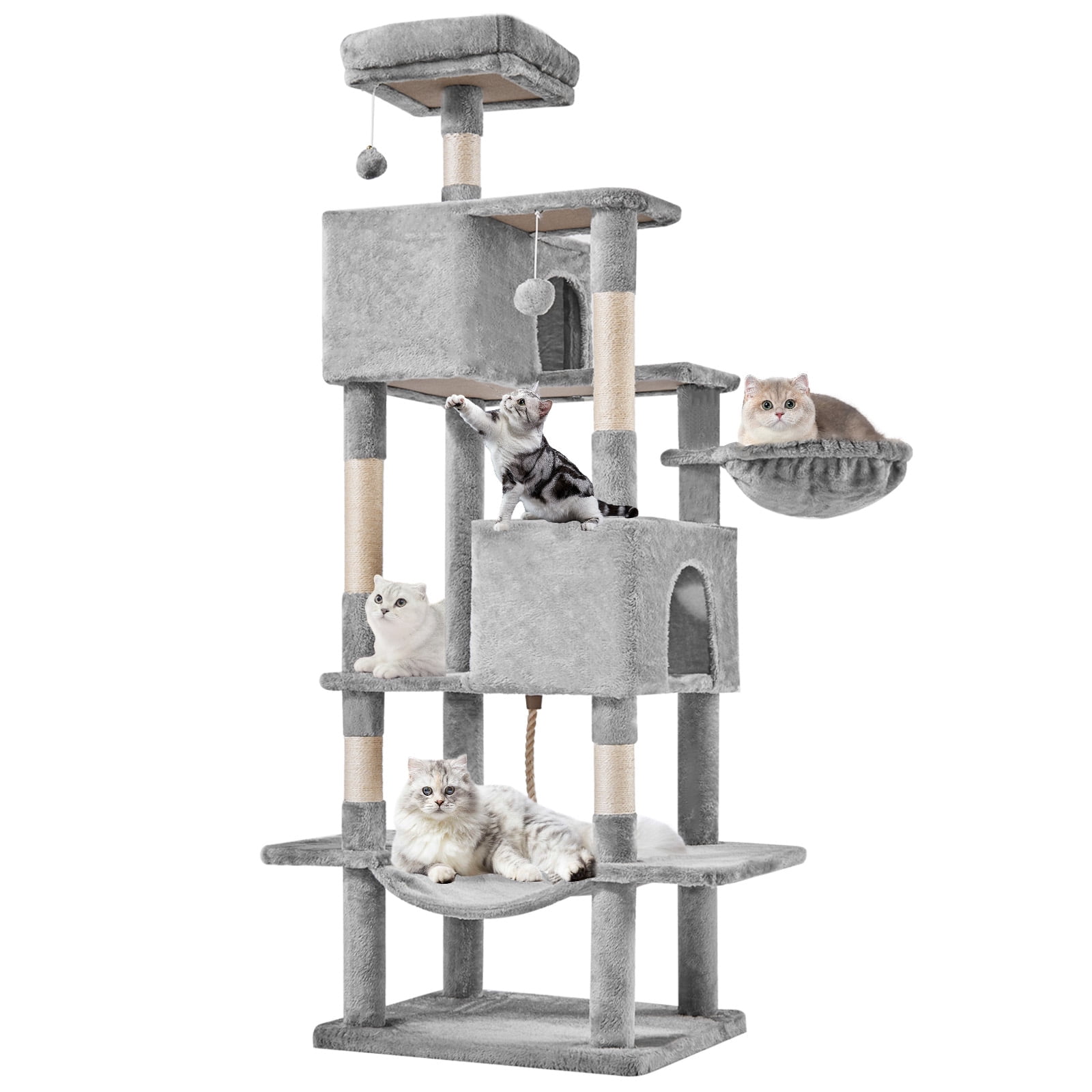 SHOUFTW 66in Cat Tree, Space-Saving Indoor Cat Tower with Large Top Perch and Hammock for Multi-Cat Households, Light Gray