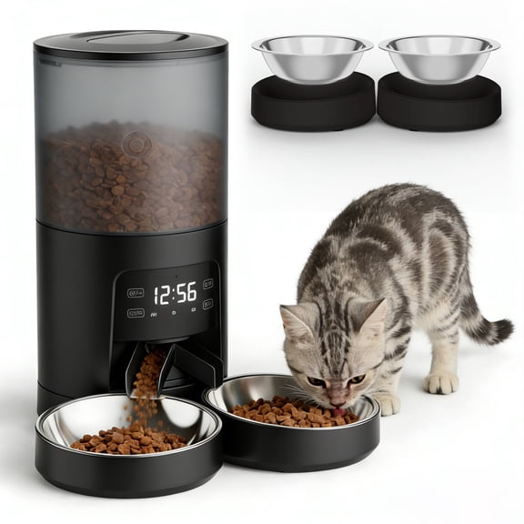 SHOUFTW 6L Automatic Pet Feeder for Cats & Dogs, Timed Dry Food Dispenser with Portion Control, Voice Recorder, Dual Power,Black