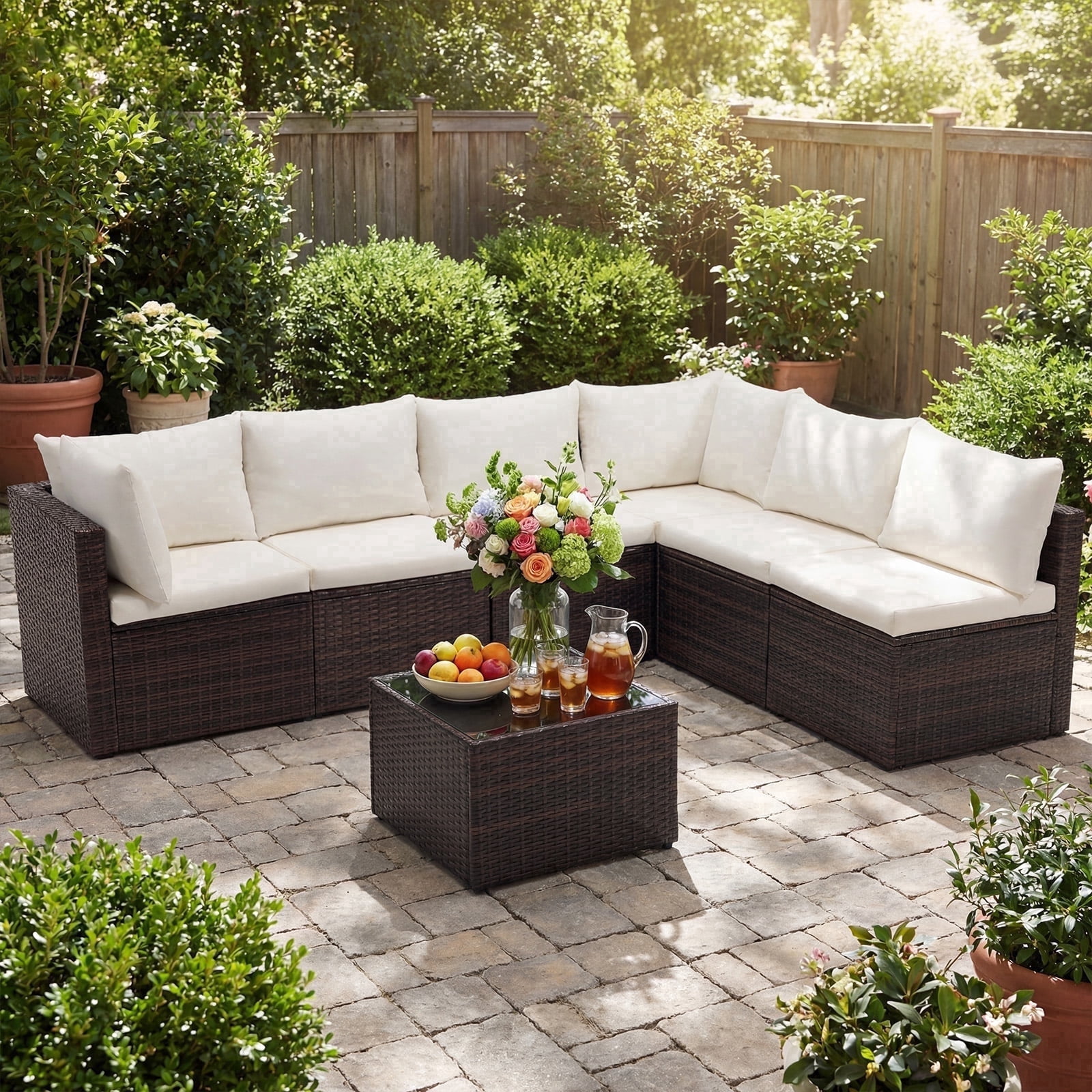 SHOUFTW 7 Piece Patio Furniture Set, Outdoor Wicker Sectional Sofa with Cushions and Glass Table, Brown and Beige