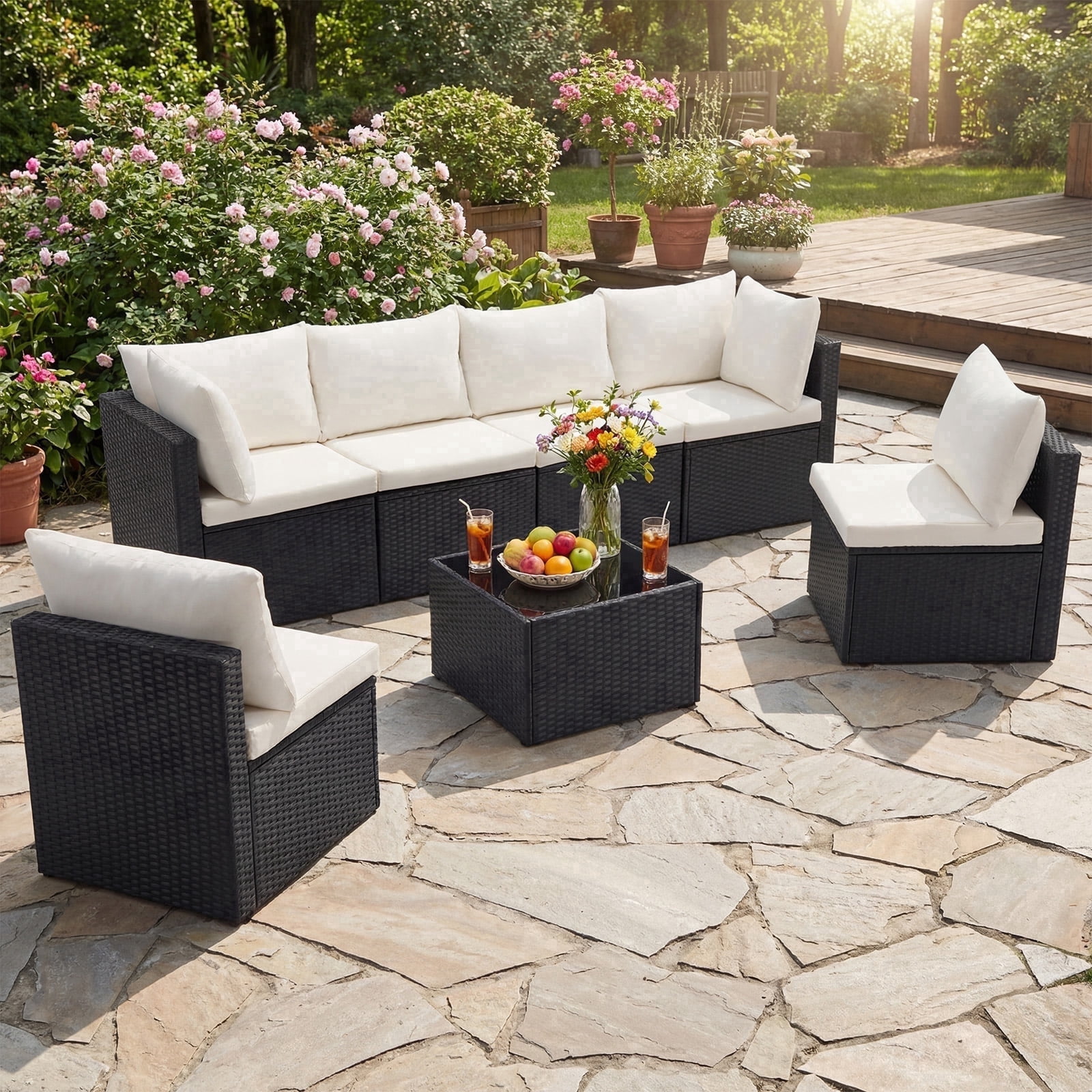 SHOUFTW 7 Piece Patio Furniture Set, Outdoor Wicker Sectional Sofa with Cushions and Glass Table, Black and Beige