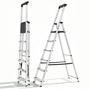 SHOUFTW 71 Inch 6-Step Herringbone Aluminium Ladder with Non-Slip Treads and Comfortable Handrails, Sturdy Steel Ladder, Portable Heavy Duty Stepstool for Garage and Outdoor Use, Silver
