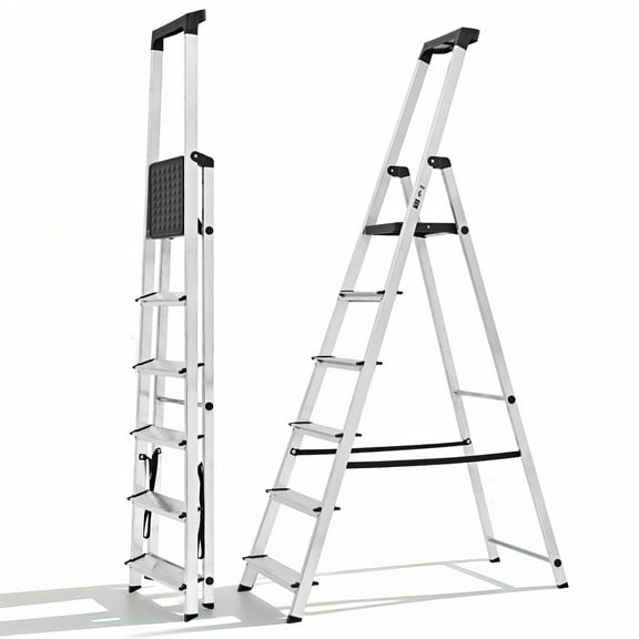 SHOUFTW 71 Inch 6-Step Herringbone Aluminium Ladder with Non-Slip Treads and Comfortable Handrails, Sturdy Steel Ladder, Portable Heavy Duty Stepstool for Garage and Outdoor Use, Silver