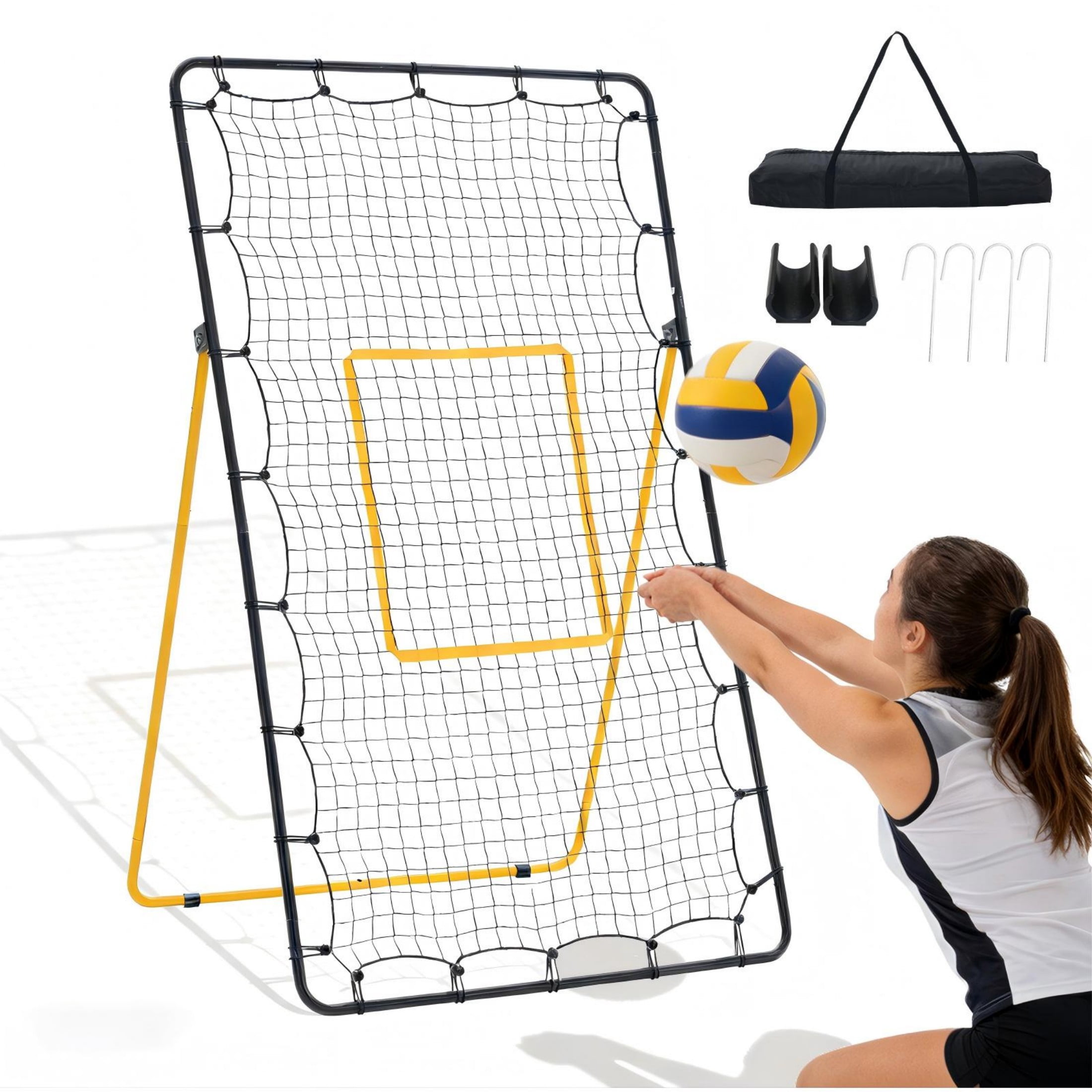 SHOUFTW 7x4 ft Volleyball Rebounder Net-Multi-Sport Training Bounce Back Net with Carry Bag, 5 Angle Adjustments for Indoor & Outdoor Practice, Black Yellow