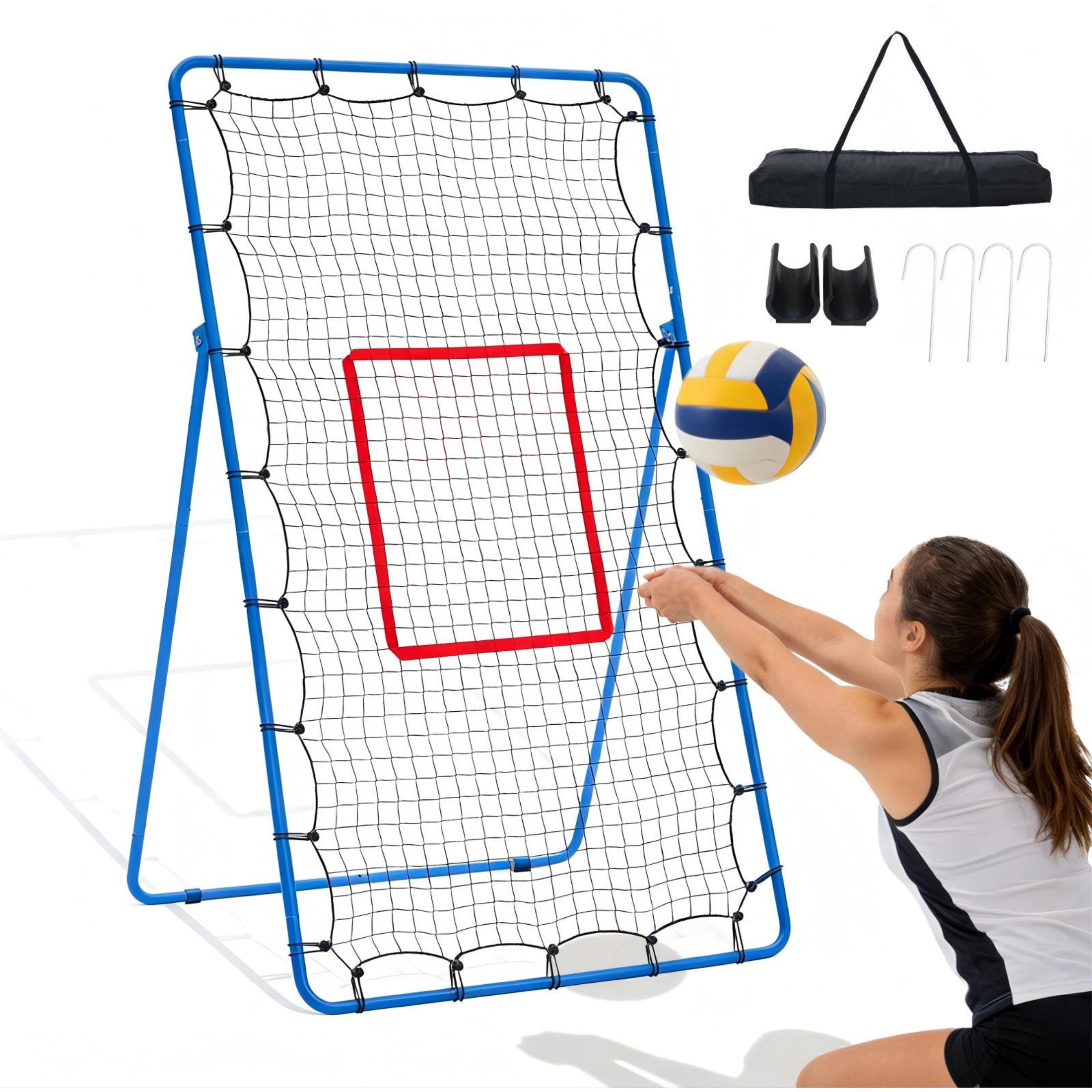 SHOUFTW 7x4 ft Volleyball Rebounder Net-Multi-Sport Training Bounce Back Net with Carry Bag, 5 Angle Adjustments for Indoor & Outdoor Practice, Blue