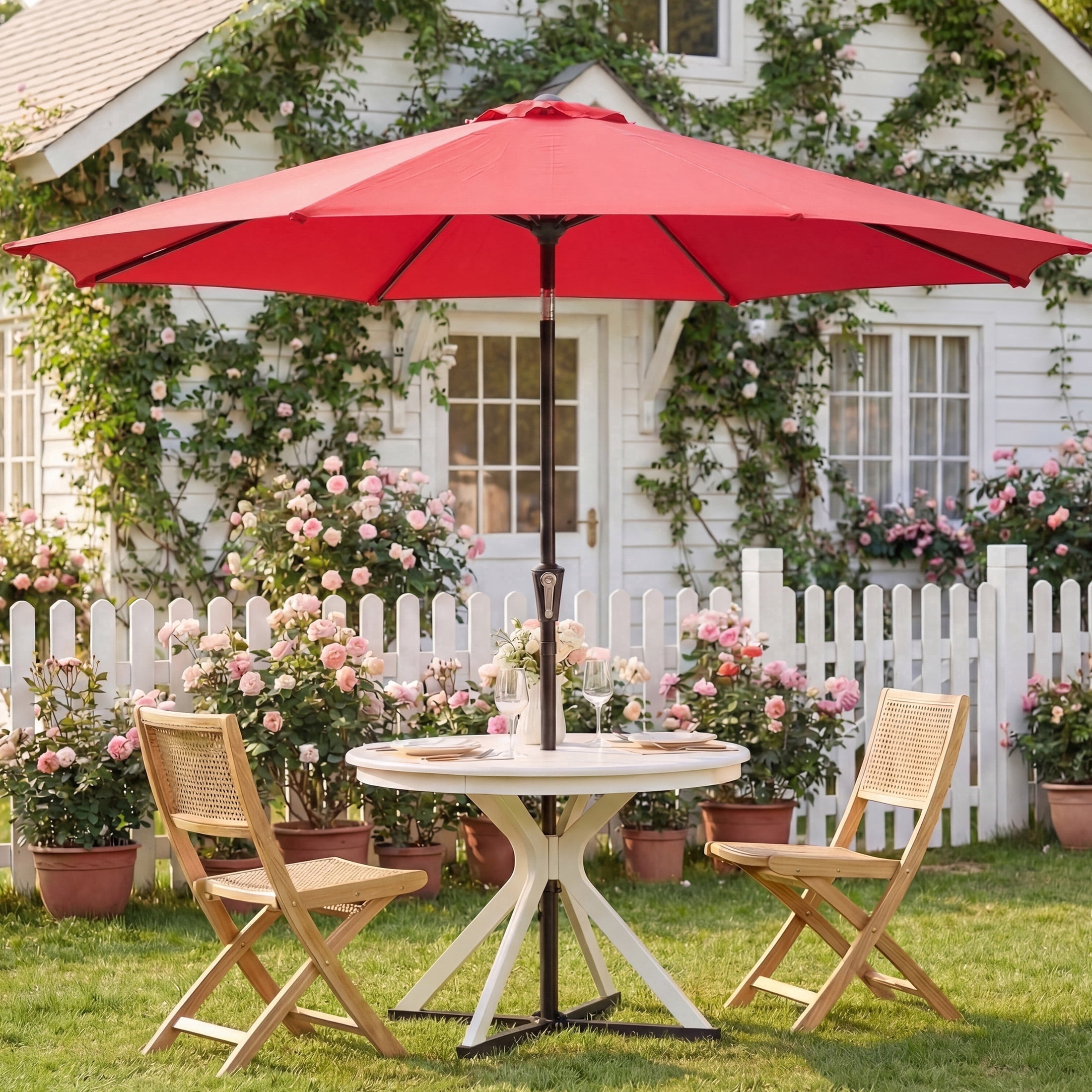 SHOUFTW 9 ft Patio Market Umbrella, Outdoor Table Umbrella with Crank Lift and Tilt, Round Sun Shade for Garden, Deck, Backyard, Poolside, Khaki, Red