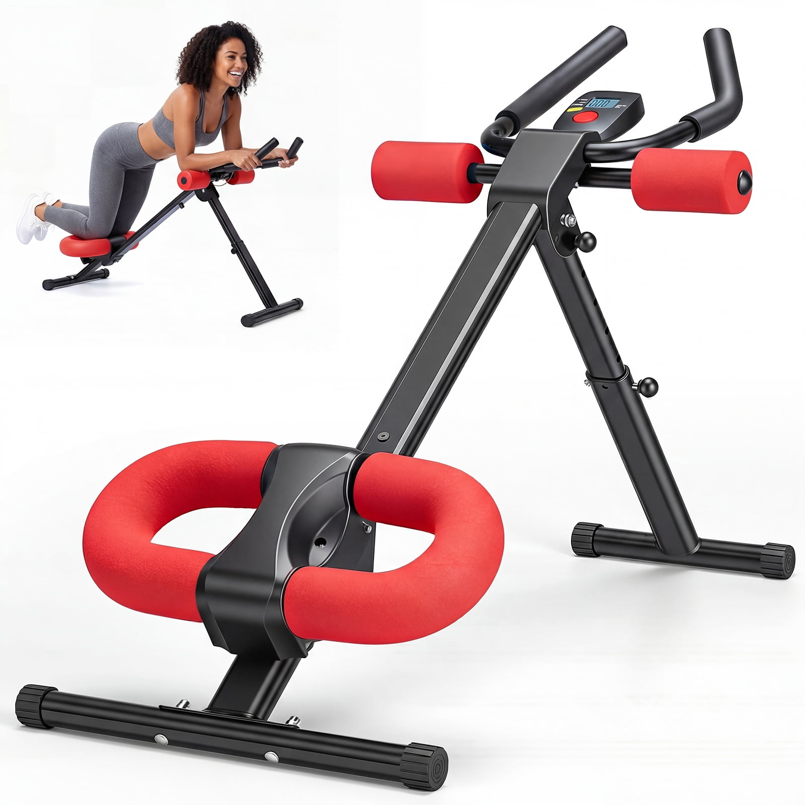SHOUFTW Adjustable Ab Machine for Home Gym, Foldable Ab Workout Equipment with Knee Protection & LCD Monitor, Core & Stomach Trainer, Black Red