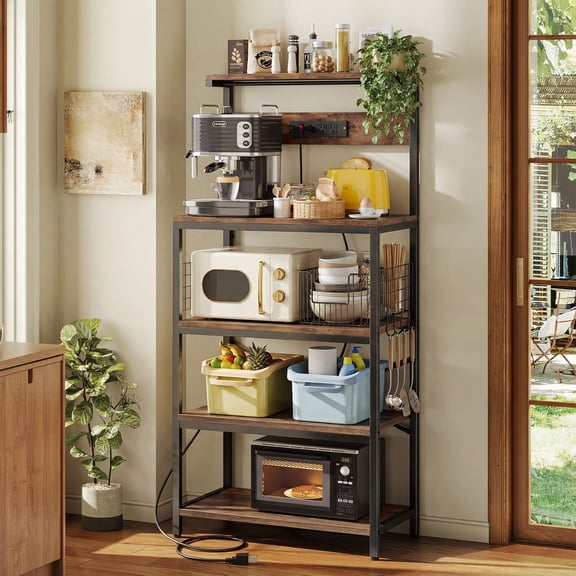 SHOUFTW Kitchen Storage Rack with Power Outlet, 4-Tier Backer's Rack for Microwave Stand & Coffee Bar Storage, Rust