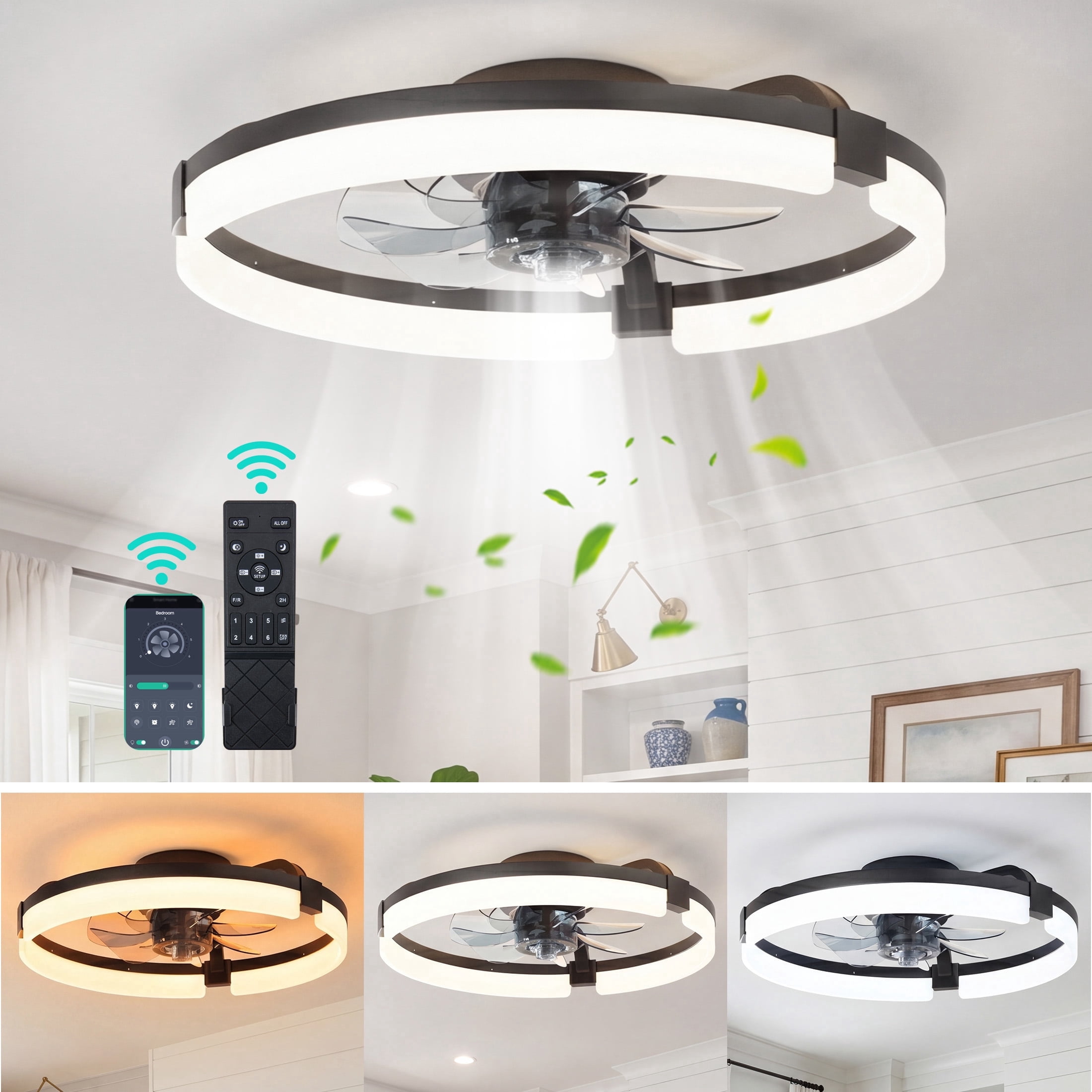 SHOUFTW Ceiling Fan 19.7inch, Caged Ceiling Fans with Lights, Farmhouse Low Profile Fandelier with Remote, Flush Mount for Bedroom, Living Room, Kitchen, 6 Wind Speeds, Black