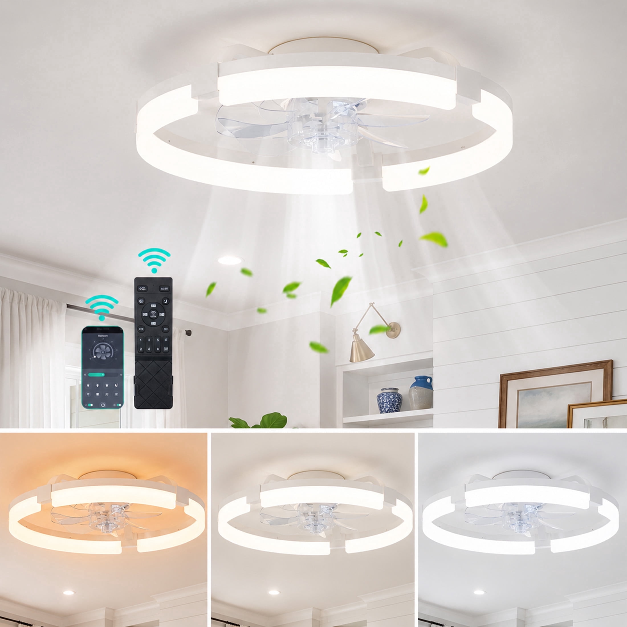 SHOUFTW Ceiling Fan 19.7inch, Caged Ceiling Fans with Lights, Farmhouse Low Profile Fandelier with Remote, Flush Mount for Bedroom, Living Room, Kitchen, 6 Wind Speeds, White