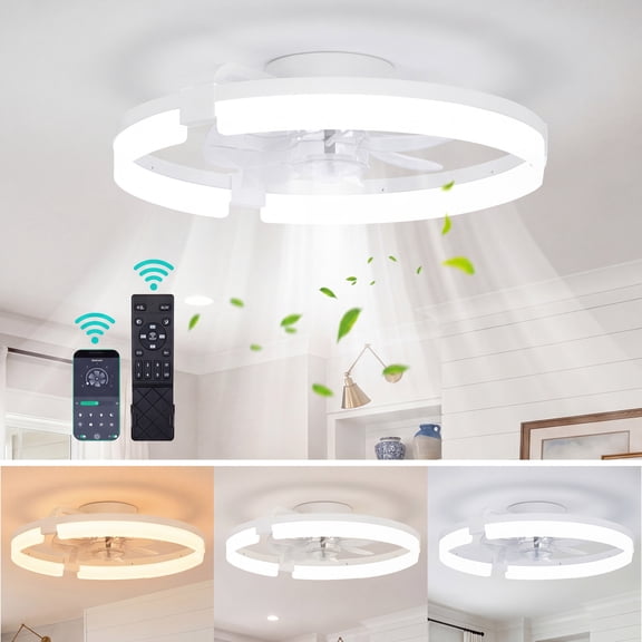 SHOUFTW 22 in Ceiling Fan with Light, Caged Flush Mount Fandelier with Remote, 6-Speed Low Profile Fan for Bedroom, Living Room, Kitchen, White