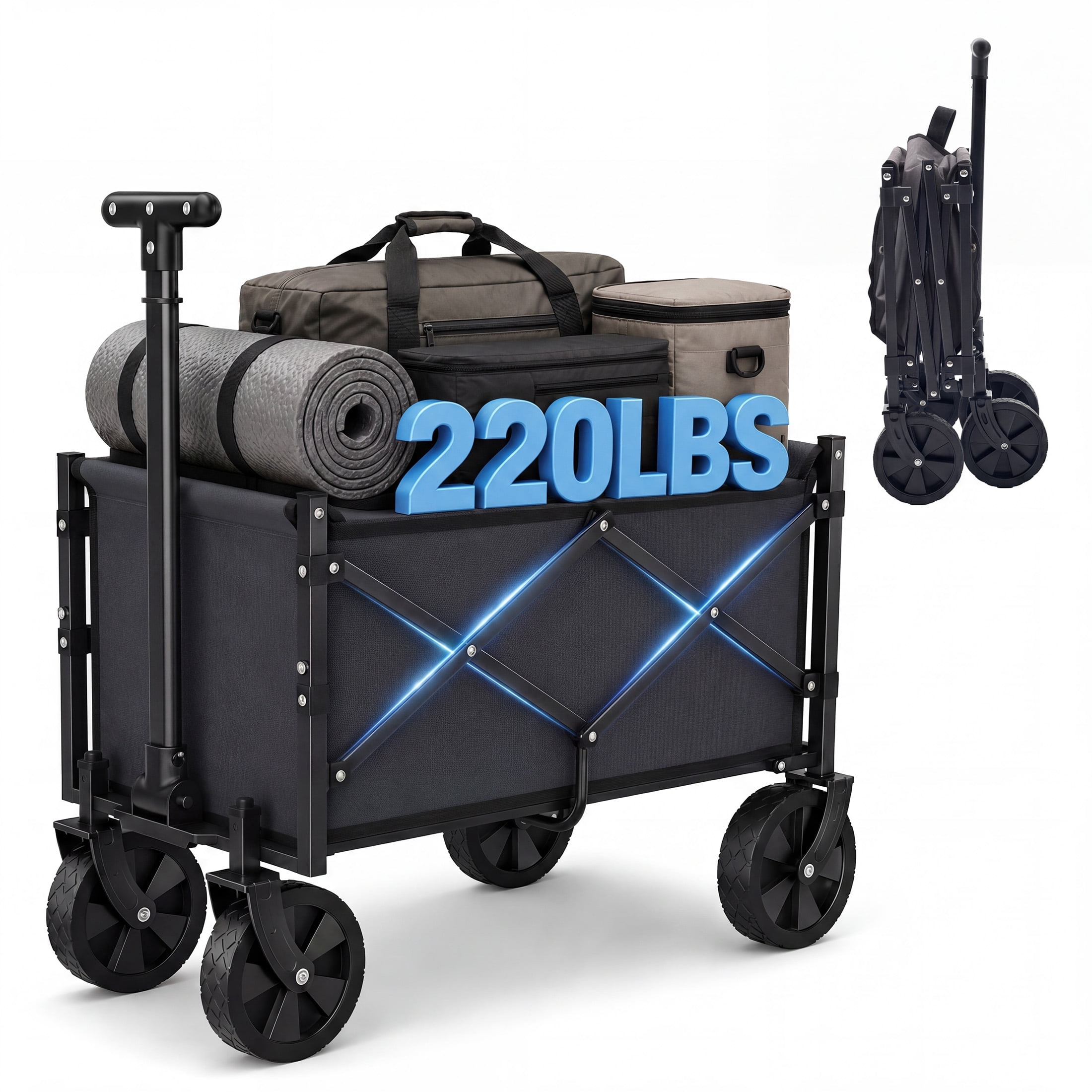 SHOUFTW Folding Wagon Cart, 220 lb Capacity Collapsible Utility Wagon with All-Terrain Wheels & Adjustable Handle, Black