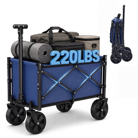 SHOUFTW Folding Wagon Cart, 220 lb Capacity Collapsible Utility Wagon with All-Terrain Wheels & Adjustable Handle, Blue