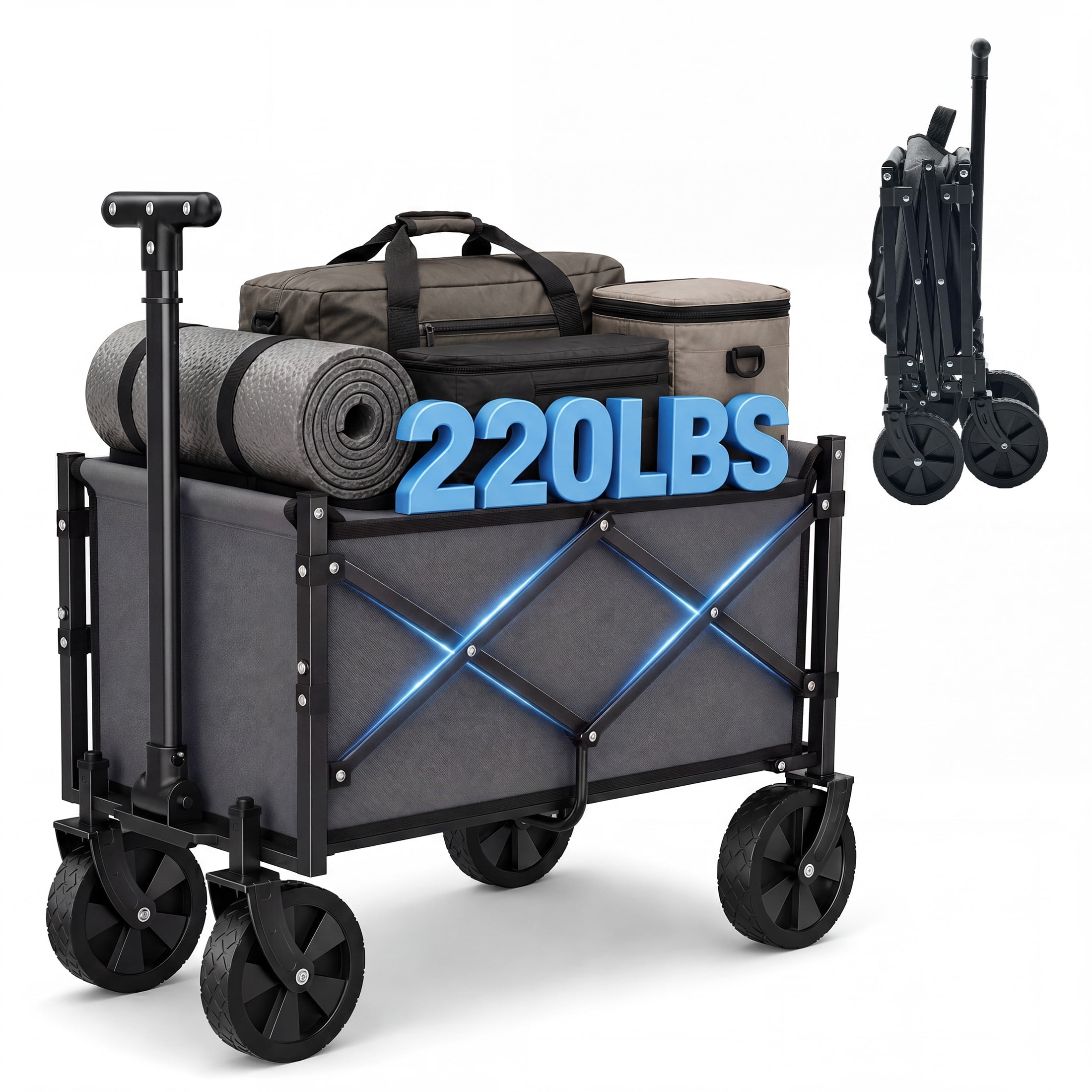 SHOUFTW Folding Wagon Cart, 220 lb Capacity Collapsible Utility Wagon with All-Terrain Wheels & Adjustable Handle, Gray
