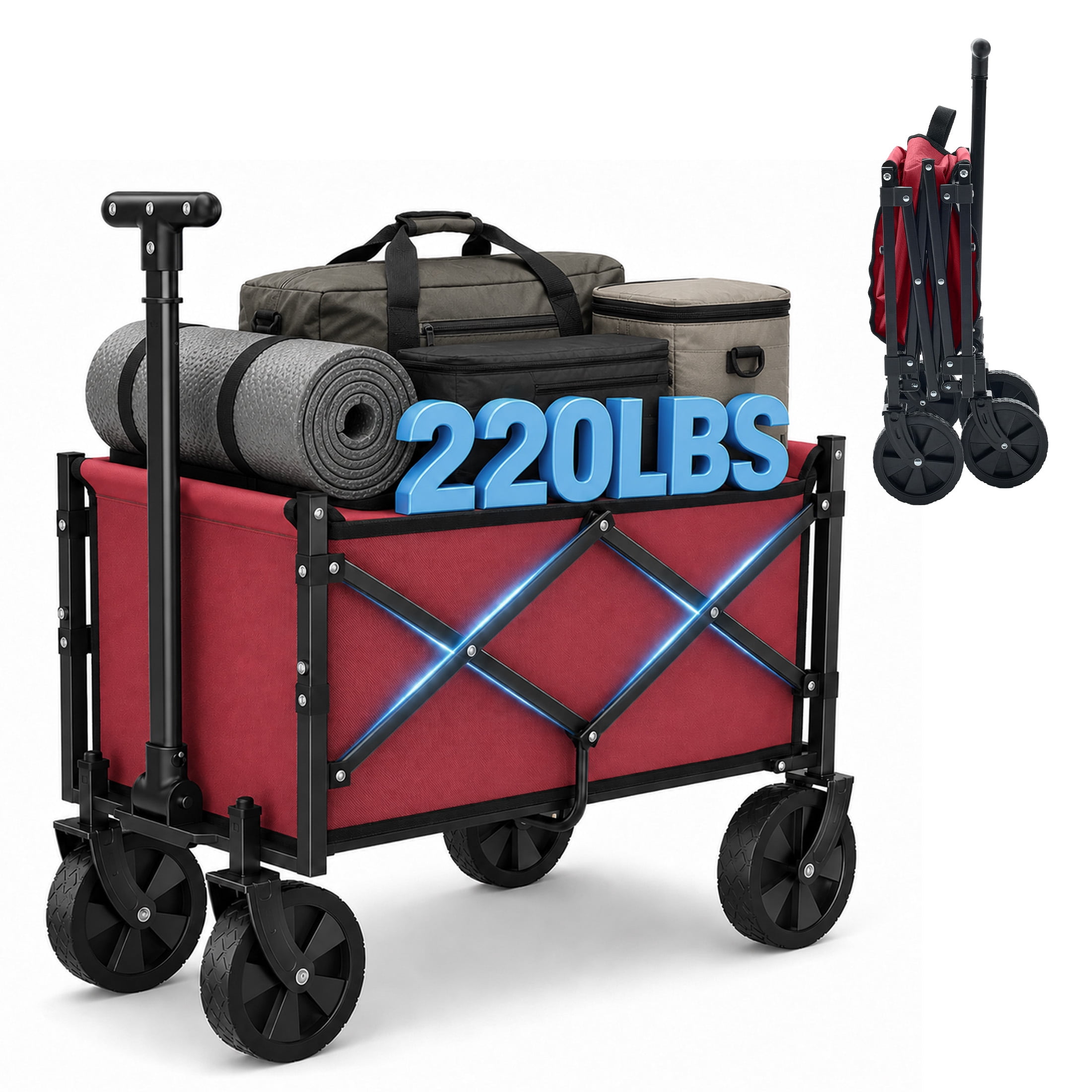 SHOUFTW Folding Wagon Cart, 220 lb Capacity Collapsible Utility Wagon with All-Terrain Wheels & Adjustable Handle, Red