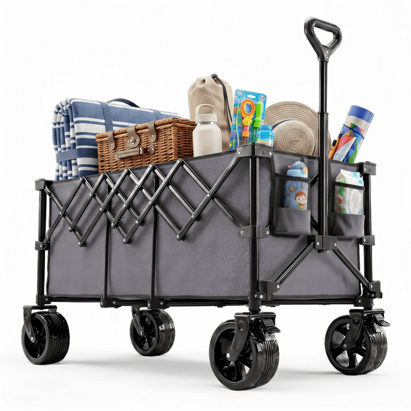 SHOUFTW Folding Wagon Cart, Collapsible Utility Wagon with All-Terrain Wheels, 440 lb Capacity for Beach, Grocery & Camping, Gray