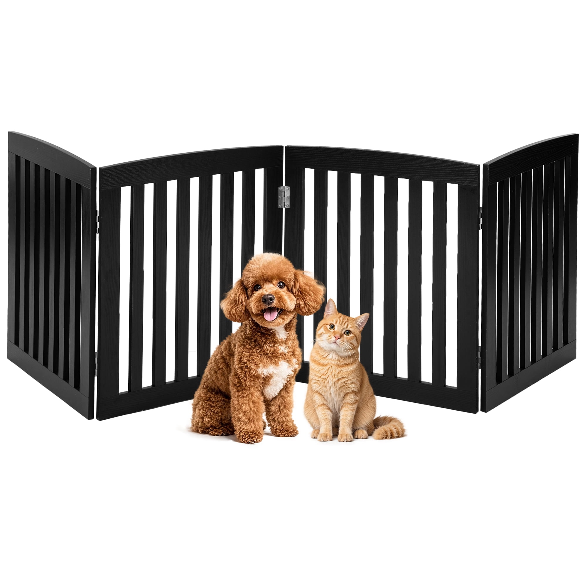 SHOUFTW Foldable Wooden Pet Gate, Freestanding and Extra Wide 4 Panel Dog Gate for Doorways, Stairs, Hallways, Black