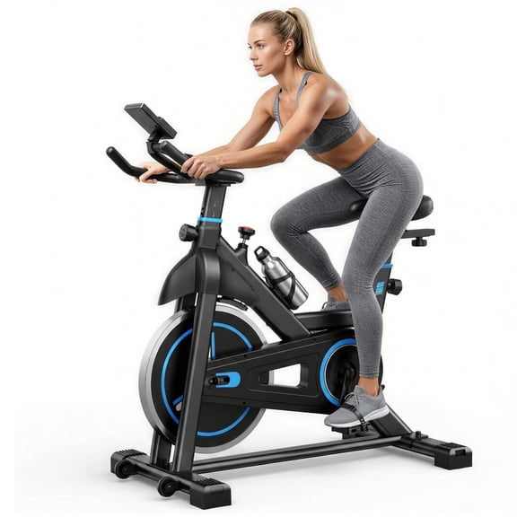 SHOUFTW Home Exercise Bike with APP Control, Magnetic Resistance Bike, Quiet Indoor Stationary Cycle 300lb Capacity, Black Blue