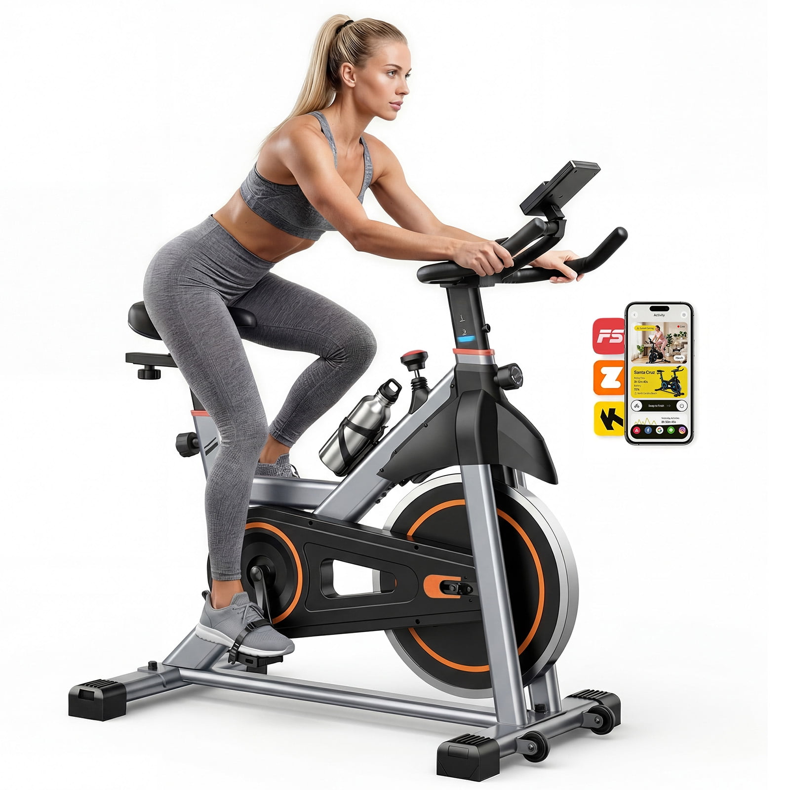 SHOUFTW Home Exercise Bike with APP Control, Magnetic Resistance Bike, Quiet Indoor Stationary Cycle 265lb Capacity, Silver Orange