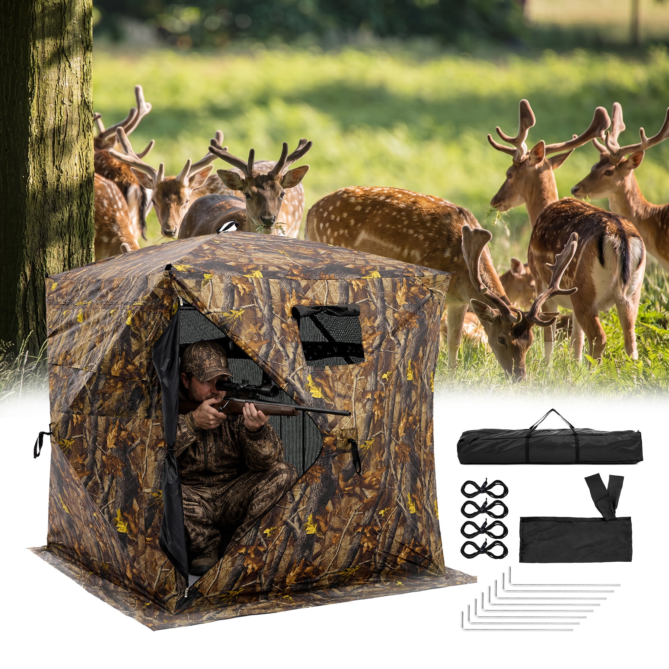 SHOUFTW Hunting Blind, 270° See-Through Ground Blind Shelter, 2-3 Person Pop-Up Instant Setup Hunting Tent with Silent Windows & Carry Bag, Camo