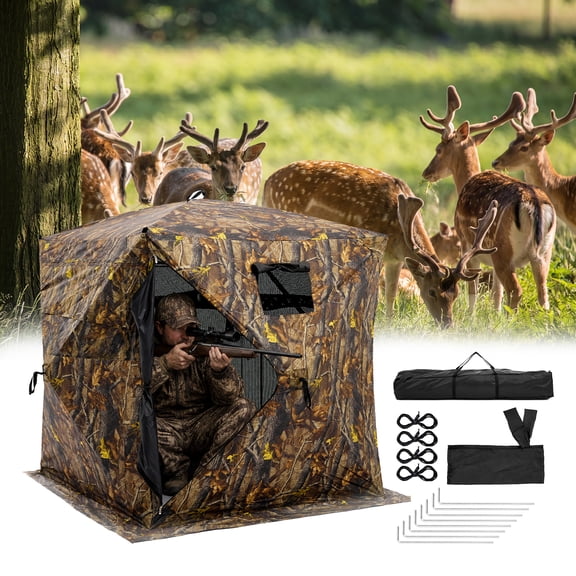 SHOUFTW Hunting Blind, 270° See-Through Ground Blind Shelter, 2-3 Person Pop-Up Instant Setup Hunting Tent with Silent Windows & Carry Bag, Camo