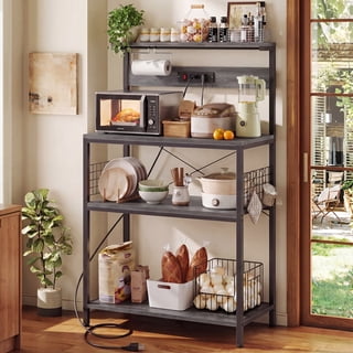 SHOUFTW Kitchen Storage Rack with Power Outlet, 4-Tier Backer's Rack for Microwave Stand & Coffee Bar Storage, Gray