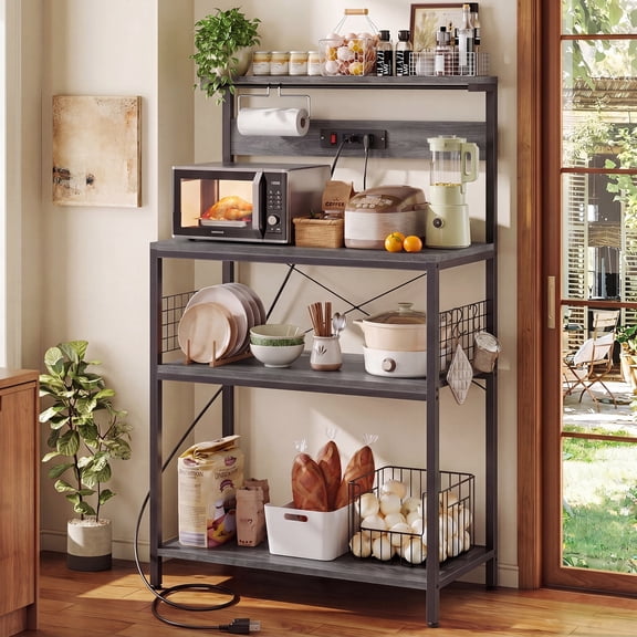 SHOUFTW Kitchen Storage Rack with Power Outlet, 4-Tier Backer's Rack for Microwave Stand & Coffee Bar Storage, Gray