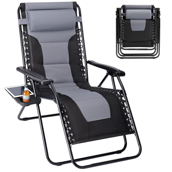 SHOUFTW Padded Zero Gravity Chair, Heavy Duty Outdoor Recliner, Foldable Anti Gravity Lounge Chair for Yard Camping Poolside, Black Gray