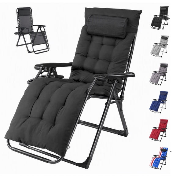 SHOUFTW Padded Zero Gravity Lounge Chair with Detachable Cushion & Side Tray, Folding Reclining Patio Chair, Outdoor Lawn Lounger, Black