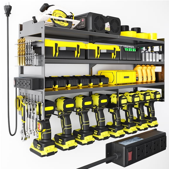SHOUFTW Power Tool Organizer Wall Mount 4-Tier with Charging Station 600 LB Heavy Duty Metal with Drill Slots and Hooks, Black