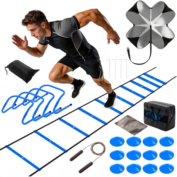 SHOUFTW Soccer Agility Training Kit - 20 ft Speed Ladder, 12 Soccer Cones, 4 Agility Hurdles, Jump Rope & Resistance Parachute, Speed Training Gear for Kids, Youth & Adults, Blue