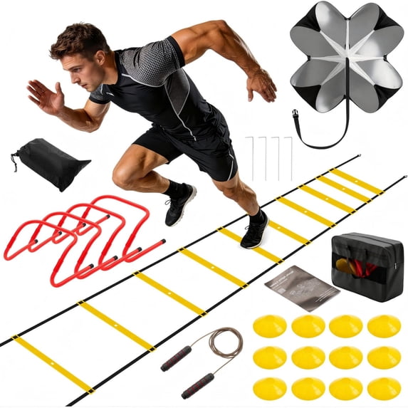 SHOUFTW Soccer Agility Training Kit-20 ft Speed Ladder, 12 Soccer Cones, 4 Agility Hurdles, Jump Rope & Resistance Parachute, Speed Training Gear for Kids, Youth & Adults, Yellow
