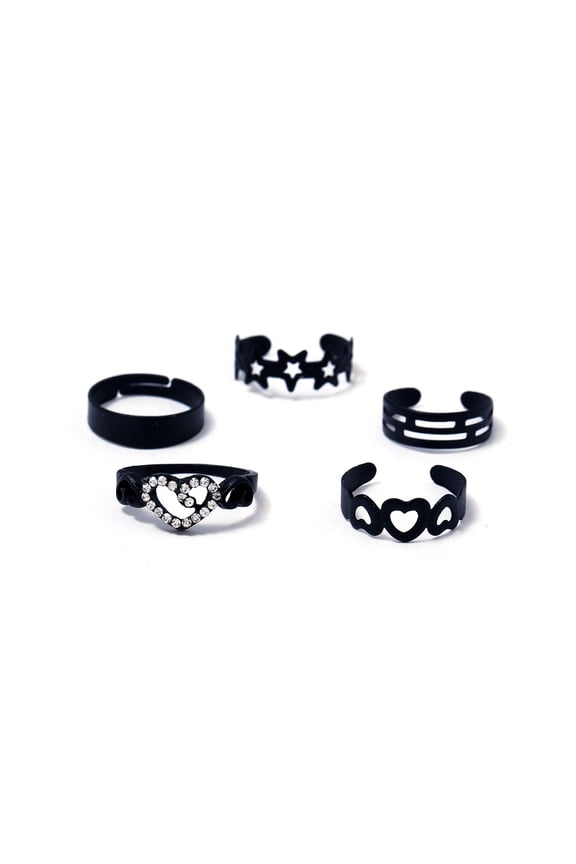 5Pcs Rings Set in Black Alloy with Heart-Shaped Design for Parties