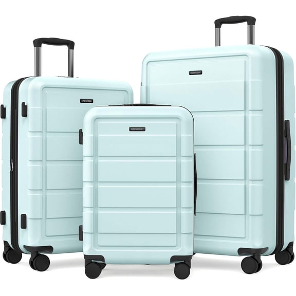 SHOWKOO Upgrade Luggage Sets 3pcs, 100% Premium PC Expandable Luggage Suitcase with Double Wheels TSA Lock Mint Green