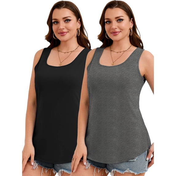 SHOWMALL 2 Pack Plus Size Tank Tops for Women, Comfy Curved Hem Sleeveless Summer T-Shirts, Casual Everyday Tops -Black & Gray 3X