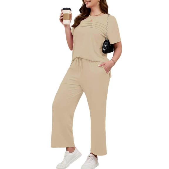 SHOWMALL 2 Piece Sets for Women Plus Casual Travel Vacation Outfits Short Sleeve Pleated Tops and Wide Leg Pants with Pockets Lounge Sets