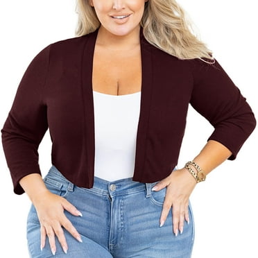 SHOWMALL Bolero Plus Size Women 3/4 Sleeve Burgundy 2X Lightweight Open Front Knit Cropped Bolero Shrug Cardigan Sweater Coat Tops for Evening dresses