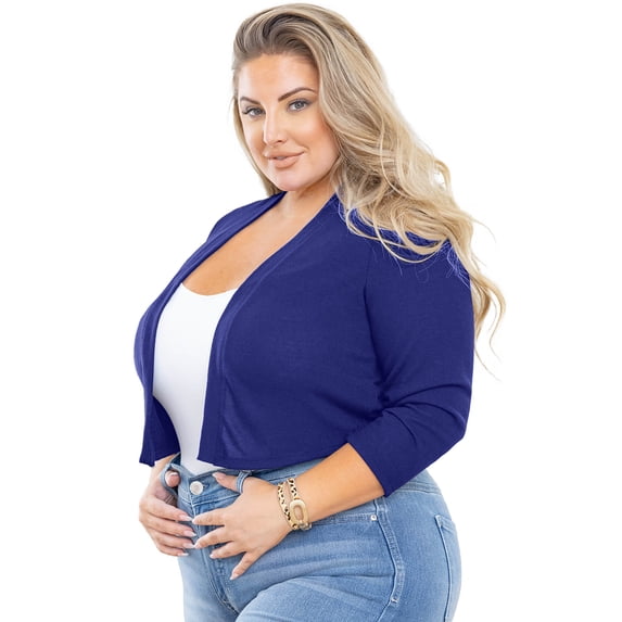 SHOWMALL Bolero Plus Size Women 3/4 Sleeve Royal Blue 3X Lightweight Open Front Knit Cropped Bolero Shrug Cardigan Sweater Coat Tops for Evening dresses